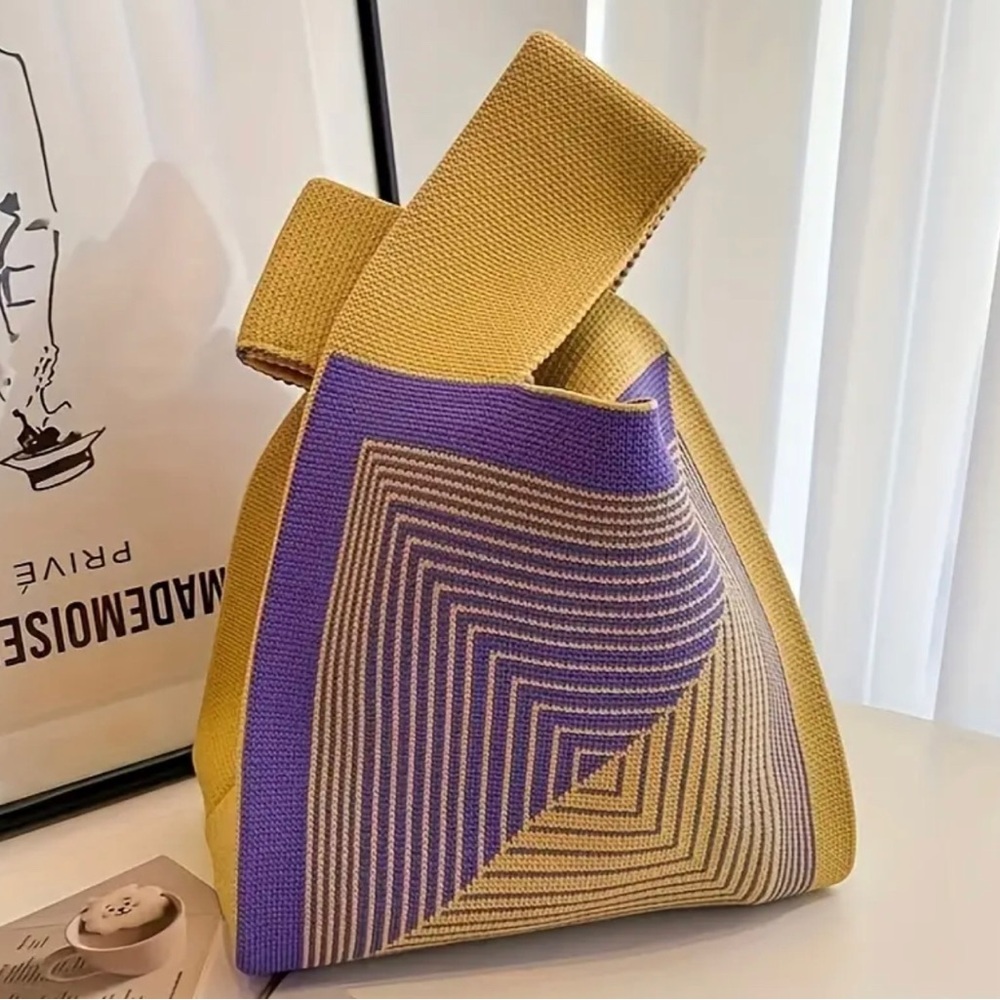 Boho Elegant Zigzag Knitted Tote Bag, Geometric Zigzag Pattern